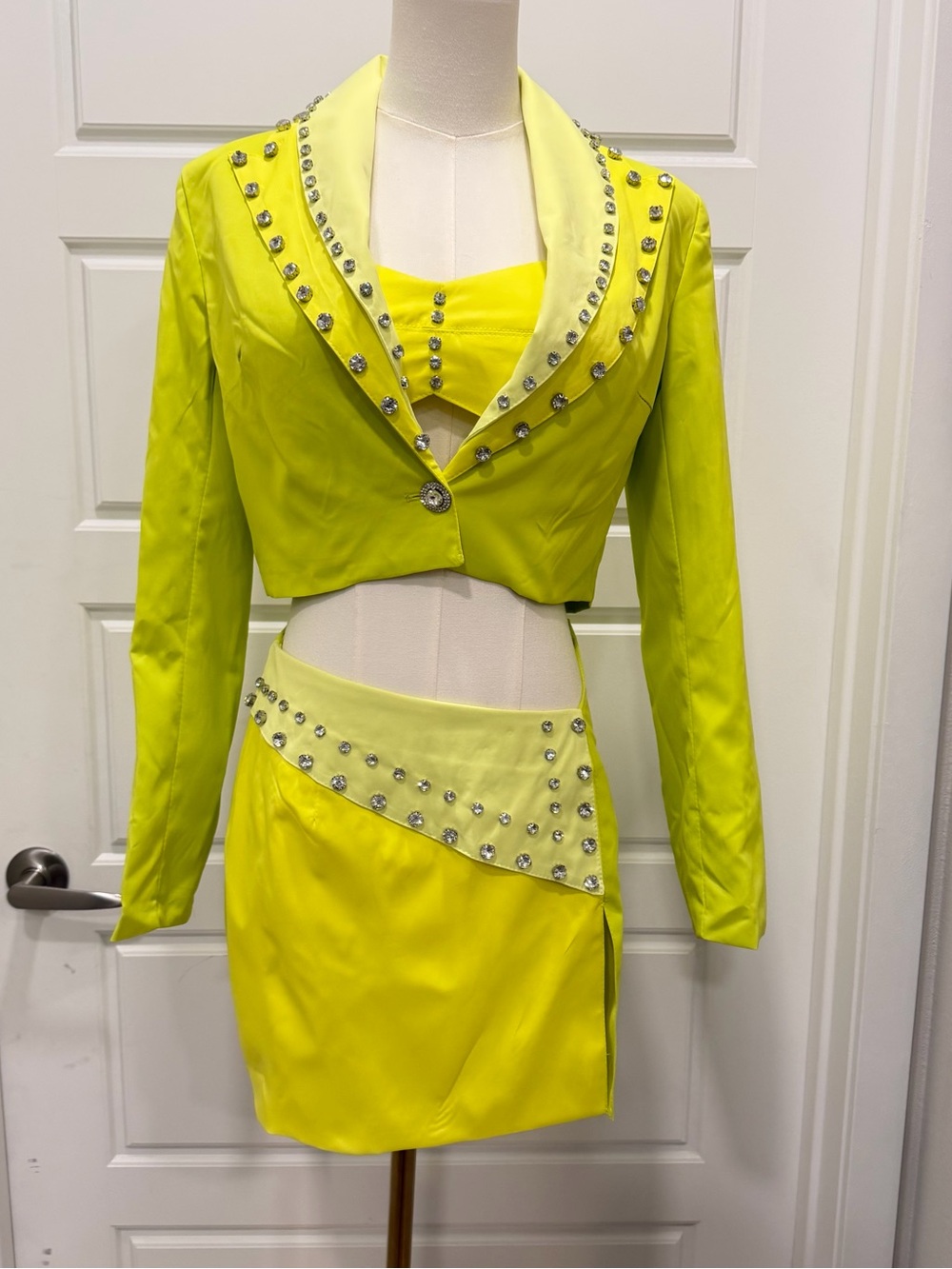 3PC Lime Yellow Rhinestone Embellished Blazer, Bralette & Mini Skirt Set NWT - Picture 2 of 12